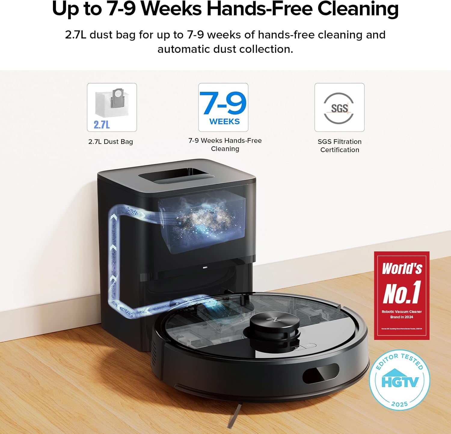 roborock Q7 M5+ Robot Vacuum and Mop, Upgraded from Q5 Max+, Up to 7-9 Weeks Self-Empty, 10000Pa Suction, Dual Anti-Tangle System for Pet Hair & Carpet, PreciSense LiDAR Navigation, App Control, Black