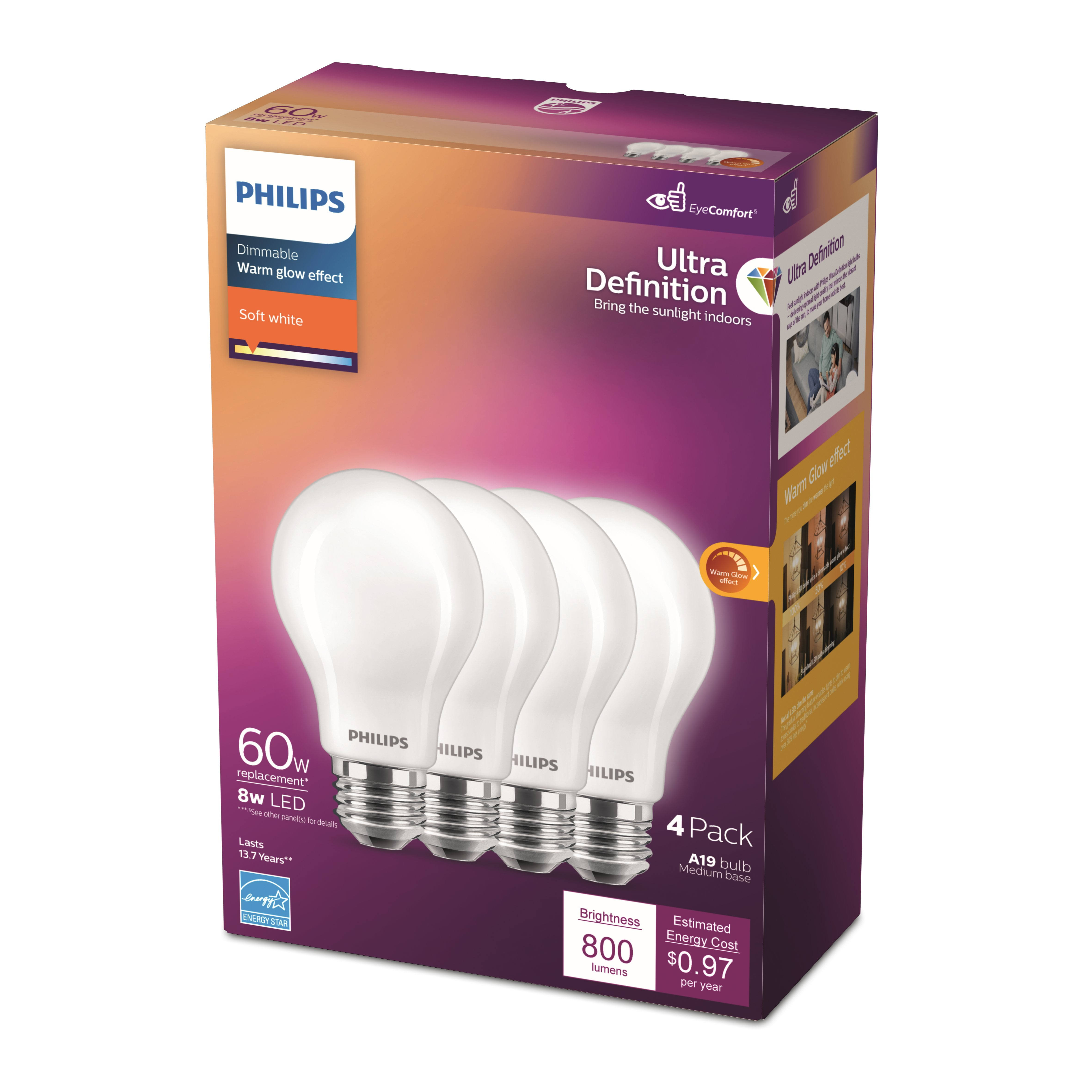 Philips Ultra Definition A19 E26 (Medium) LED Bulb Soft White 60 Watt Equivalence 4 Pk
