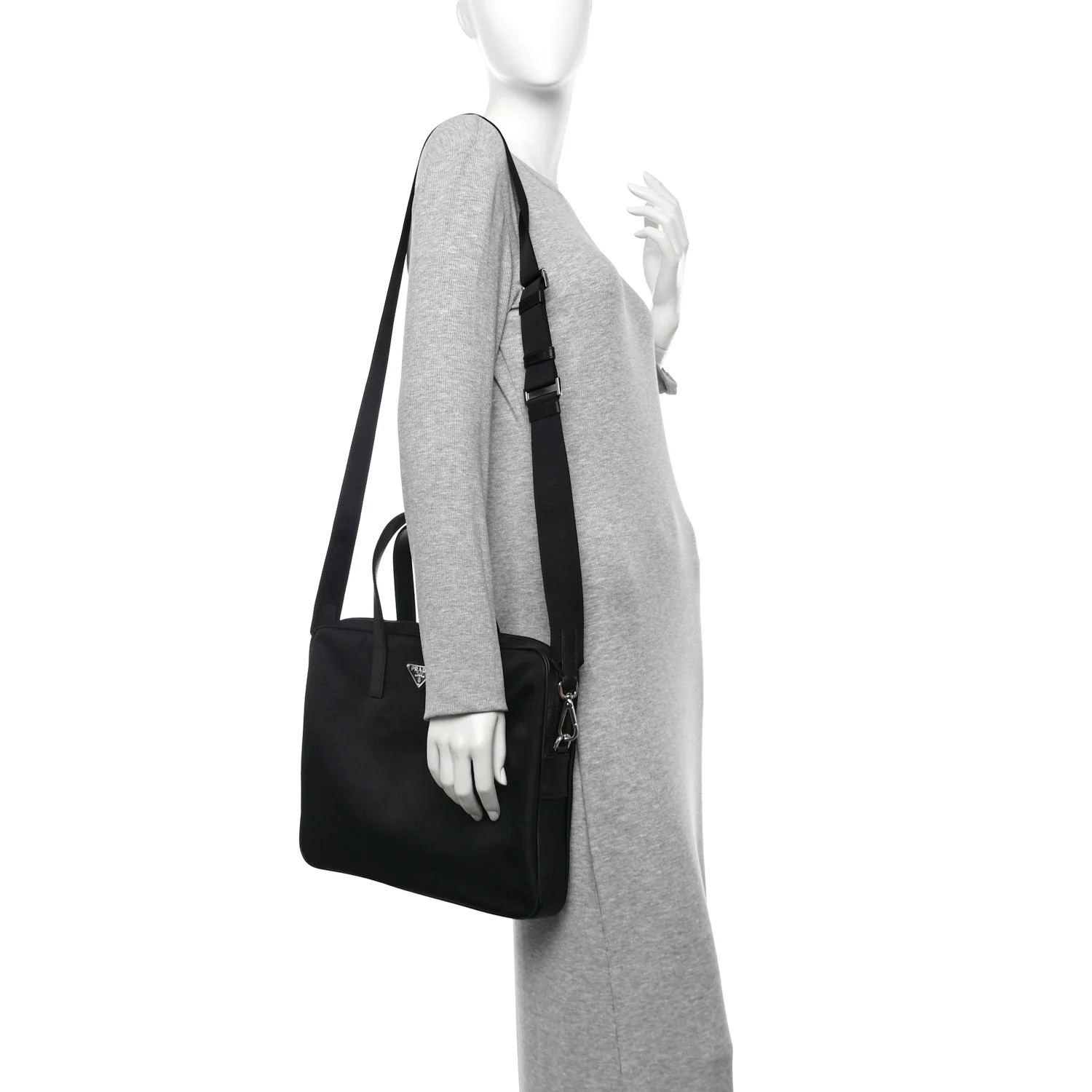 Re-Nylon Saffiano Metal Triangle Logo Briefcase Black