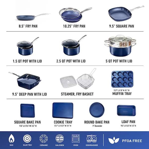 Classic Blue 20 Piece Aluminum Ultra Durable Non Stick Diamond Infused Cookware and Bakeware Set Image 6