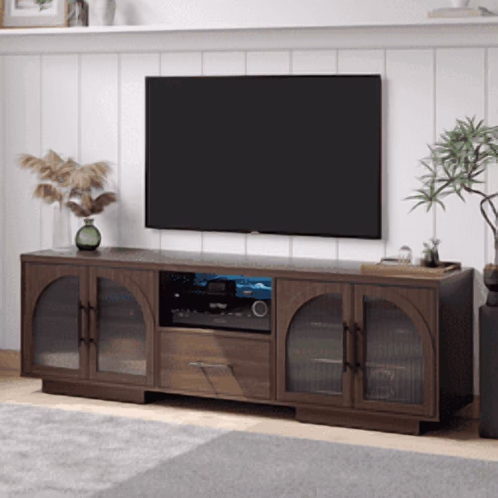 TV Stand for 75 inch TV, LED TV Stand for Living Room,70" Entertainment Center with Arched Glass Doors, Faux Marble Wood Finish Top, Adjustable Shelves, and LED Lighting, Black(Black) - Image 5