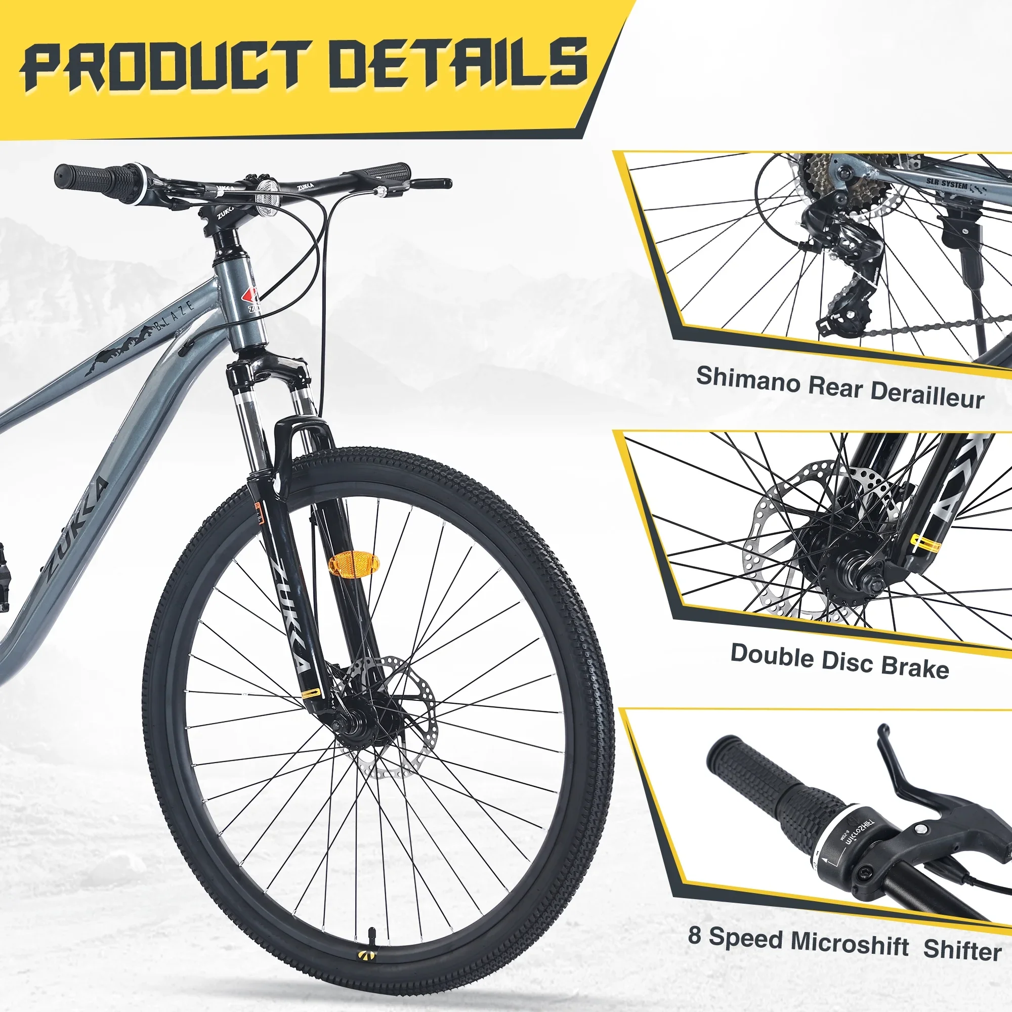 29 Mountain Bike 8 Speed Steel Frame City Bicycle with Front Suspension for Men Women, Gray