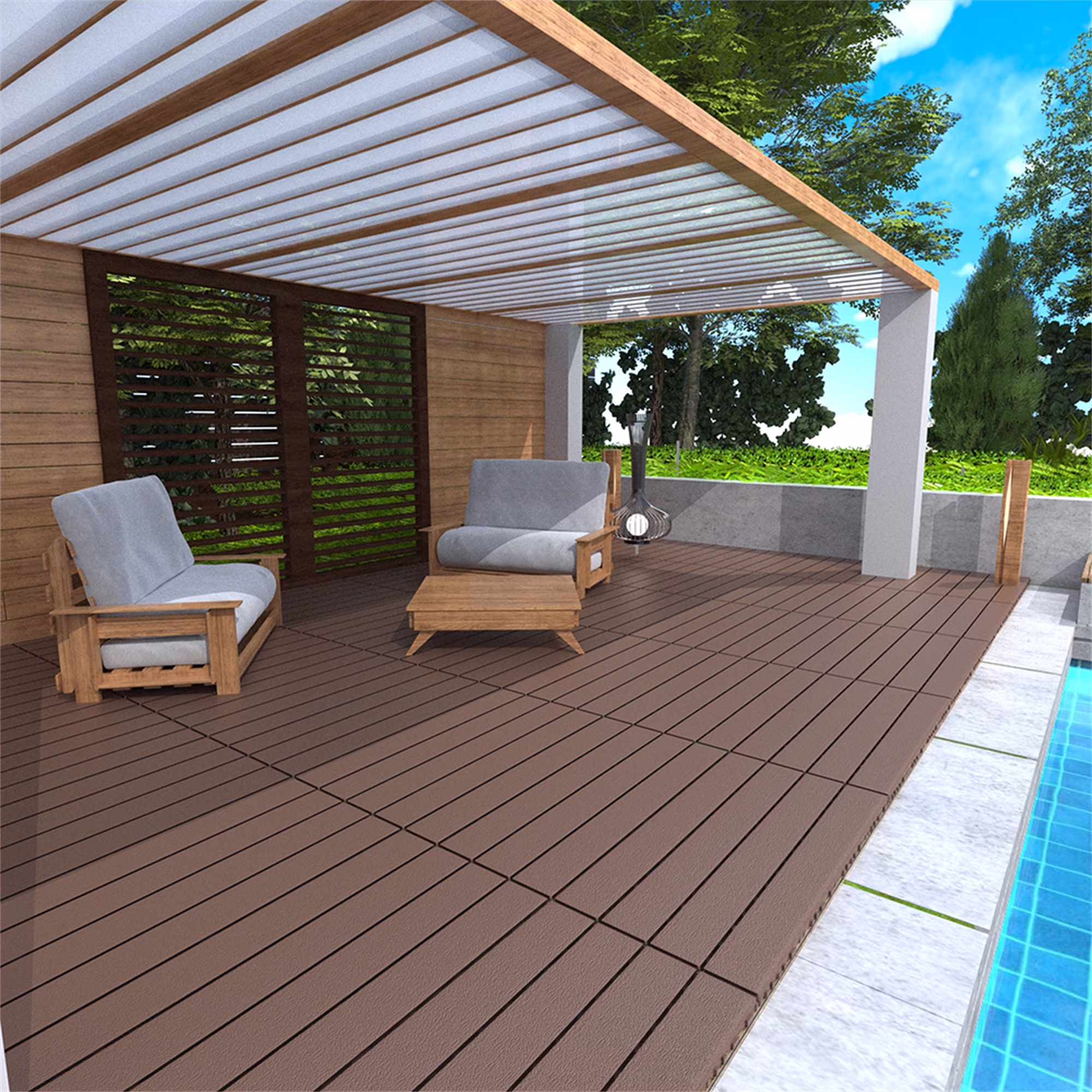 Miniyam 24 Pcs Interlocking Deck Tiles, 2FT, Polypropylene, for Outdoor Balcony Garden, Brown