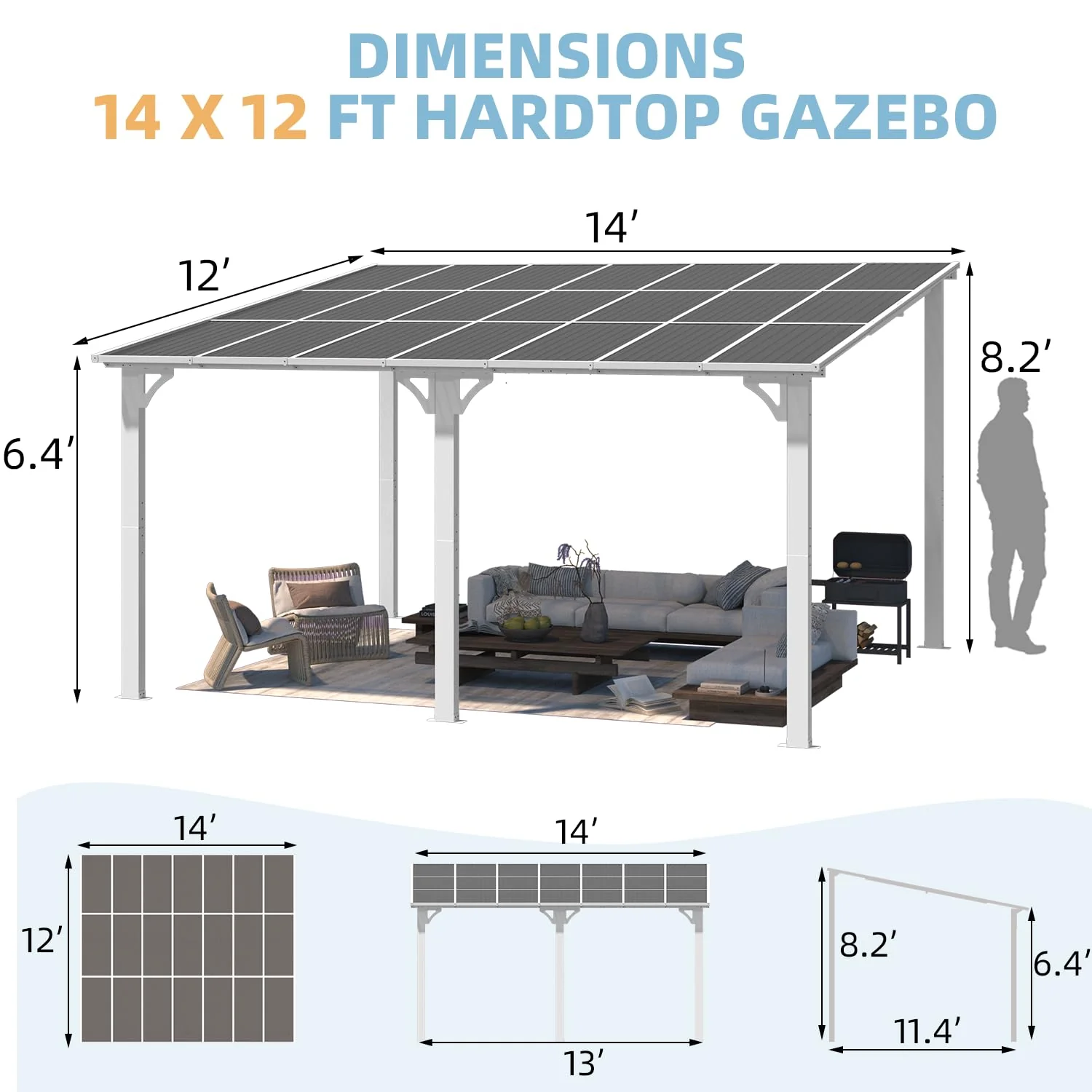 AECOJOY 14'x12' Wall Mounted Gazebos Pergola, White