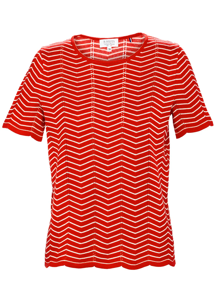 Pull femme coton manches courtes rouge/crème