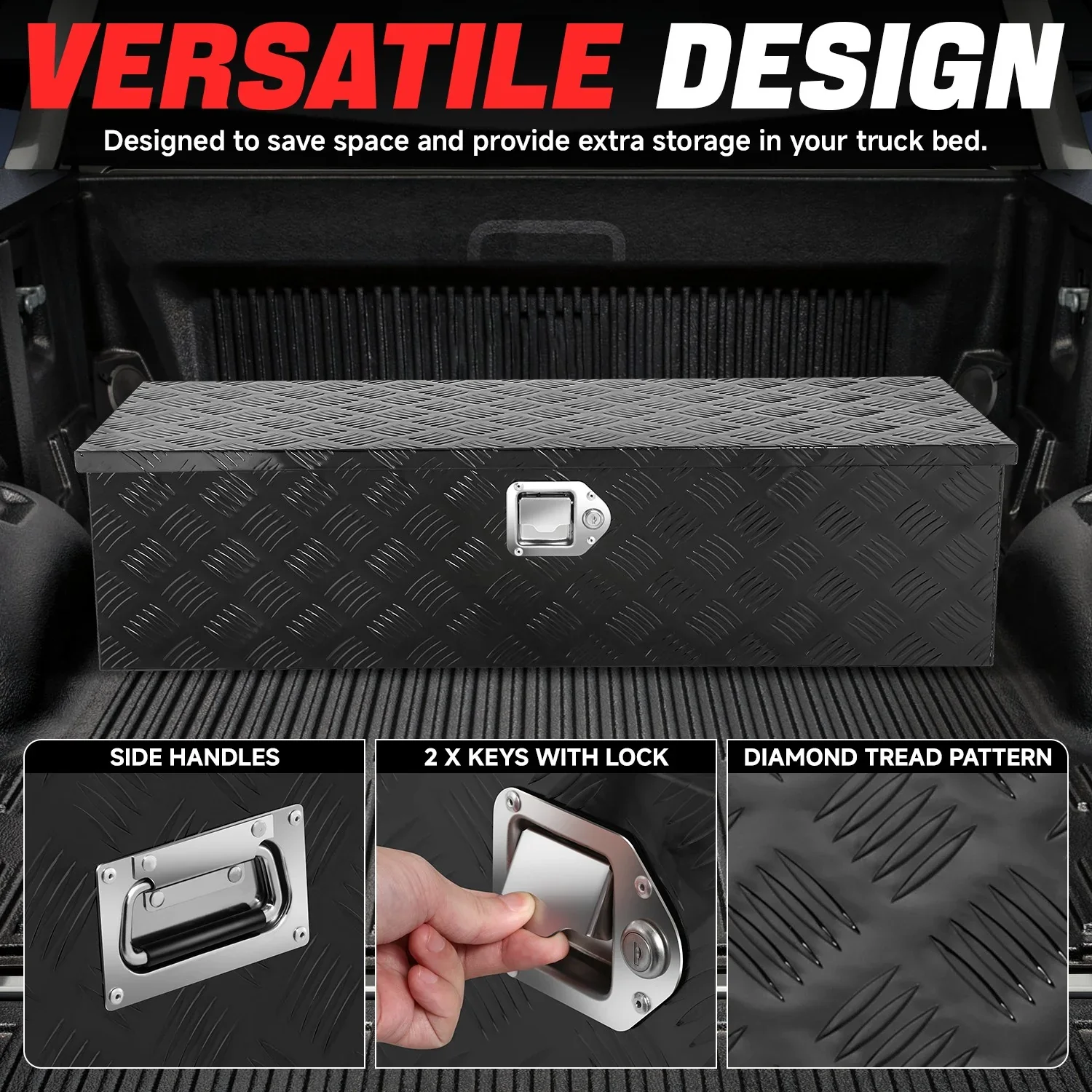 DNA Motoring 39x13.4x10 Aluminum Tool Box Pickup Truck Bed RV Trailer Storage w/Lock & Key Black