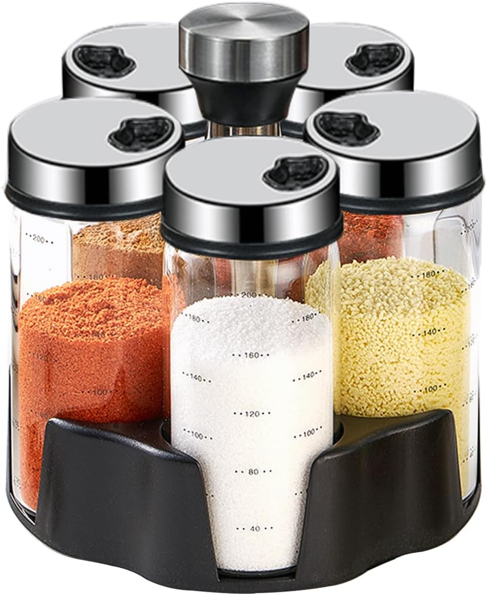 Revolving Spice Rack Organizer, Rotating Seasoning Holder Shelf with 5 Large 200ml Glass Jars for Kitchen Countertop Cabinet