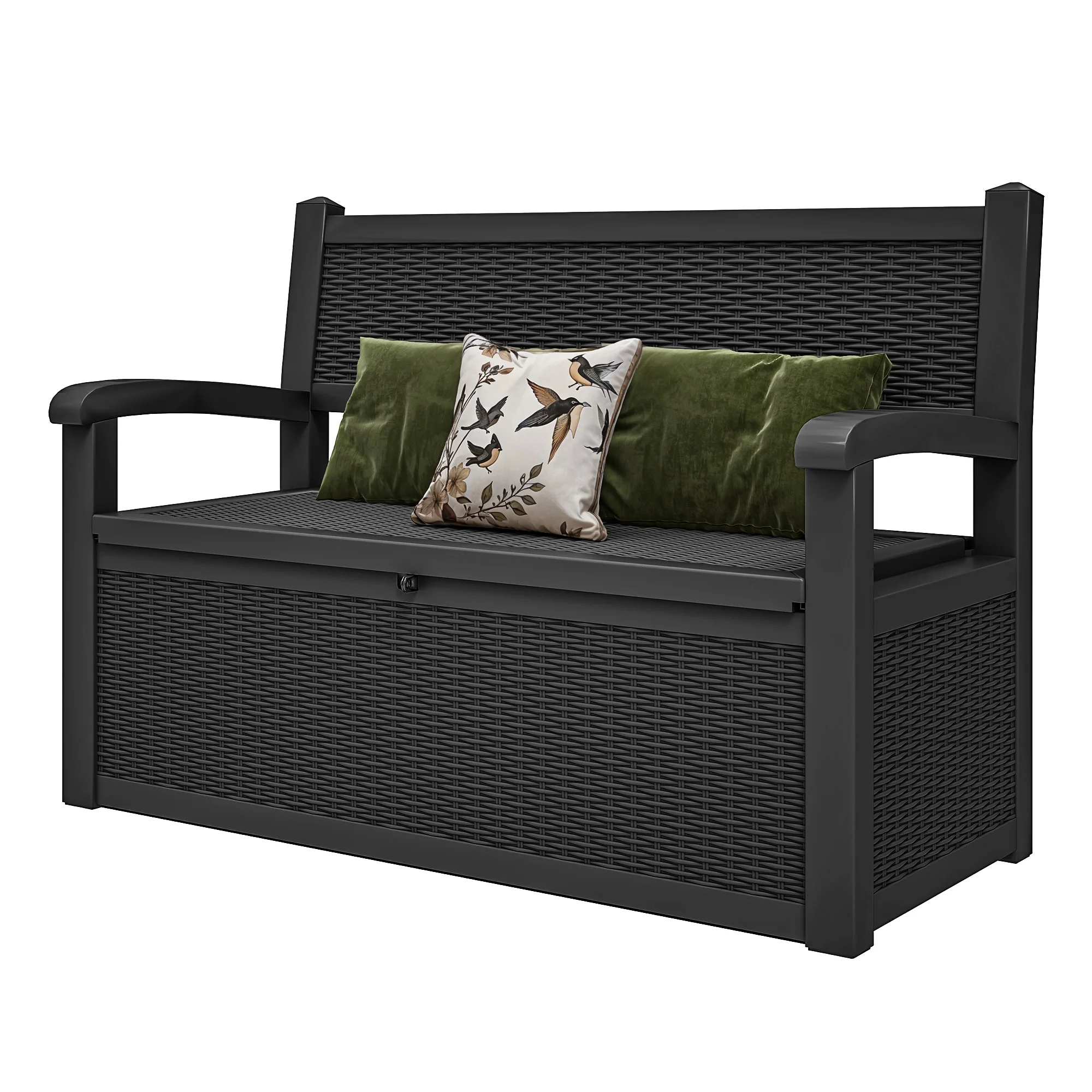 70-Gallon Outdoor Resin Storage Cabinet with Rattan Backrest �C Waterproof Patio Bench Seat, 500 lbs Capacity, Black - Image 6