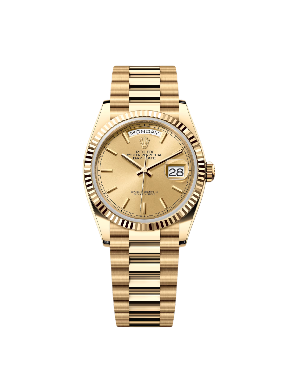 [Super Clone]RLX  Day-Date 36mm 128238-0045 Champagne Dial Yellow Gold President Bracelet Watch