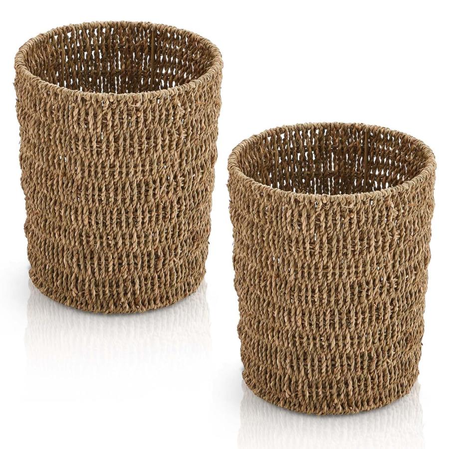 Havawish 2 Pcs Seagrass Wicker Waste Basket Handwoven Woven Trash Can 1.8 Gallons Boho Wicker Wastebasket Round Natural Wastebasket Garbage Bin