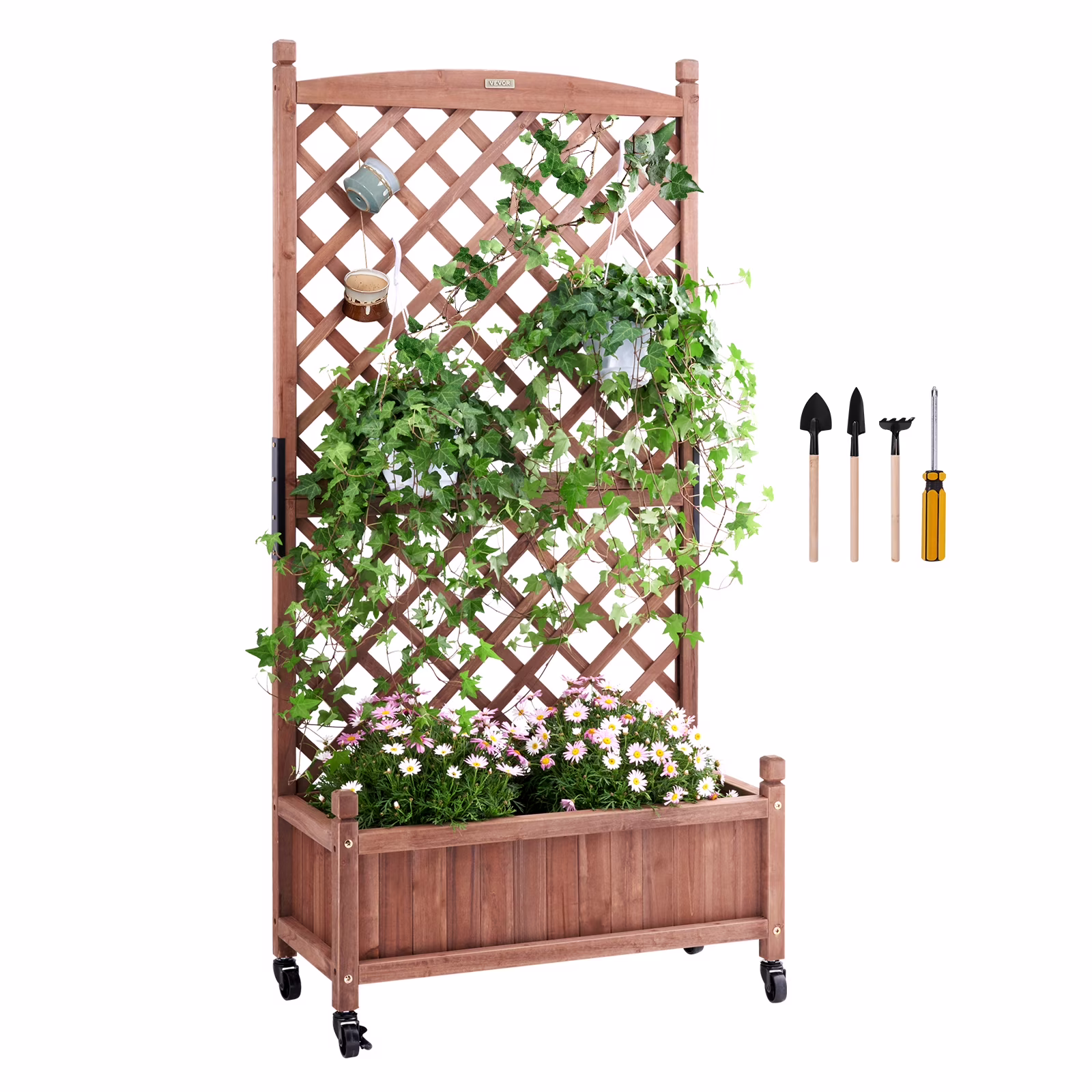 BENTISM Raised Garden Bed with Trellis, 30 x 13 x 61.4 Outdoor Raised Wood Planter with Drainage Holes, Free-Standing Trellis Planter Box