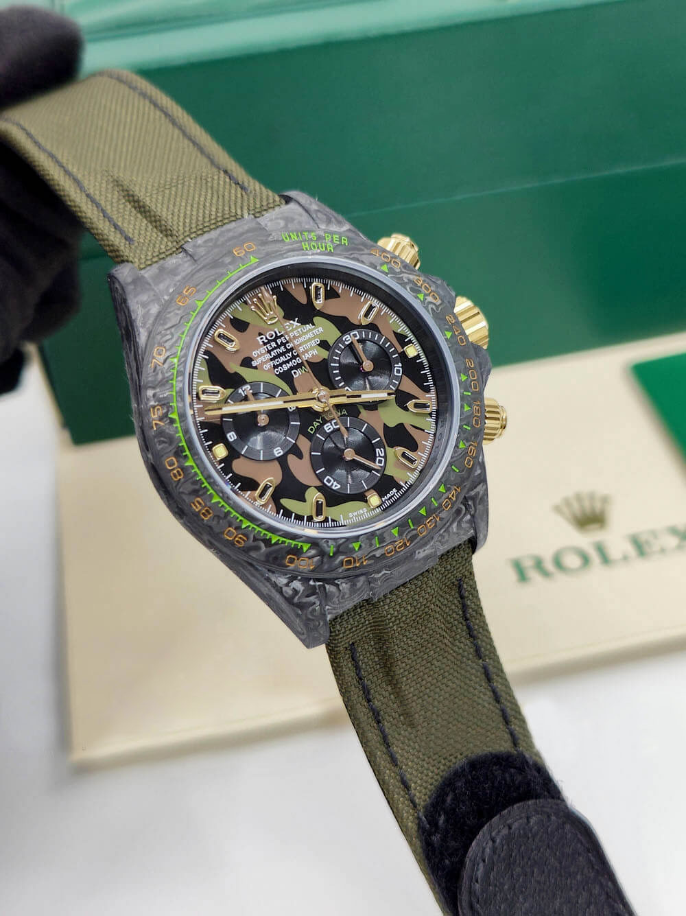 [Super Clone]Rolex Daytona DIW Carbon Military Green Super Clone Swiss Replica Watch | Custom Made Limited Edition | 4130 Swiss Movement