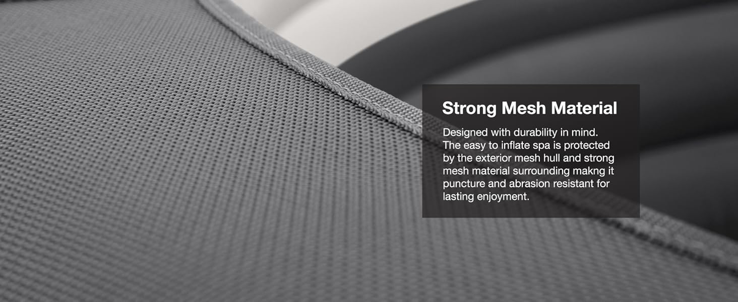 Durable gray mesh material on spa's outer wall, offering puncture and abrasion resistance.