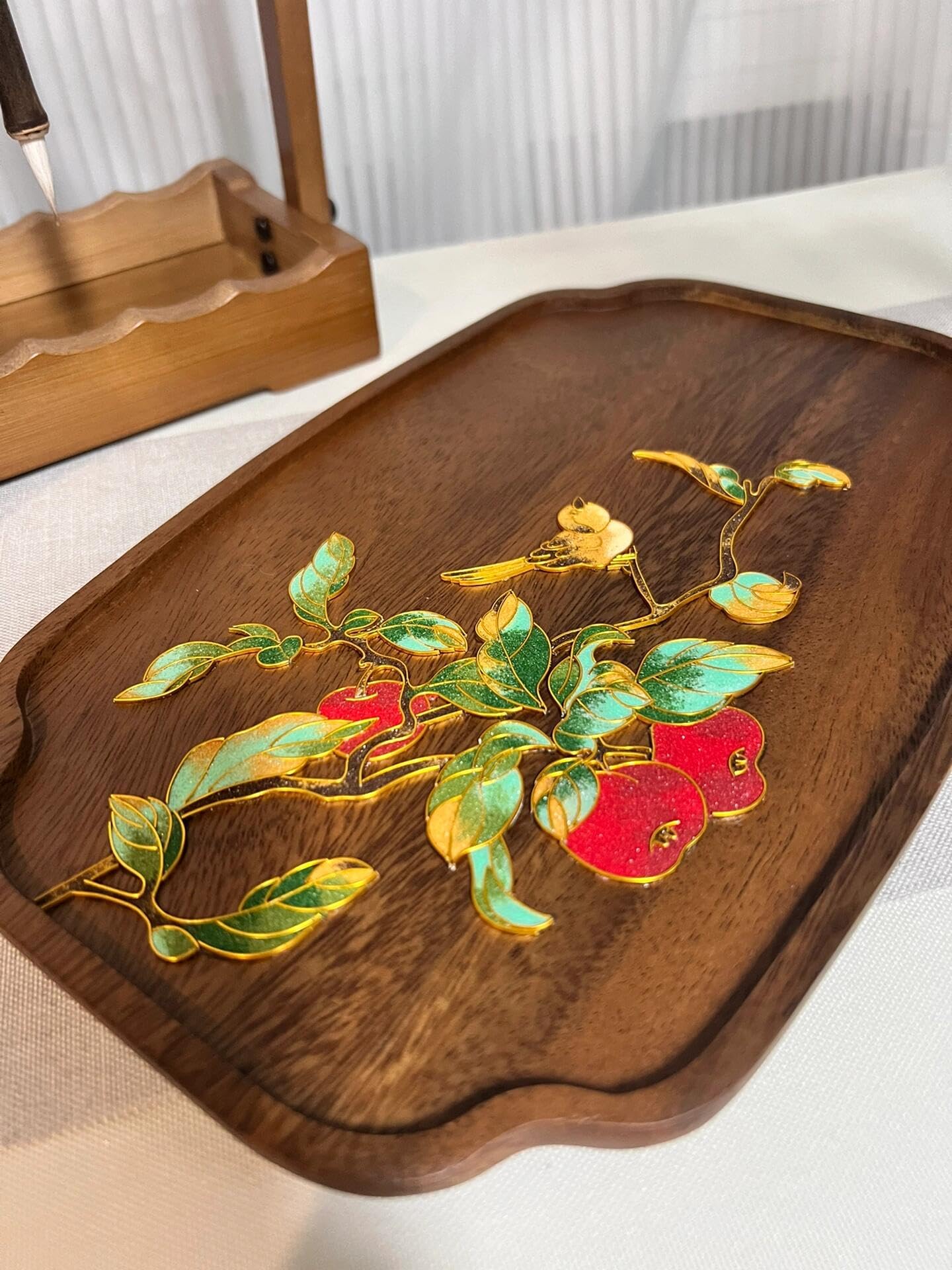 DIY Filigree Cloisonne Enamel Paint by Numbers Kit,Apples on Luxury Walnut Wood,Pre-Drawn Painting for Adults Beginners and Kids,5