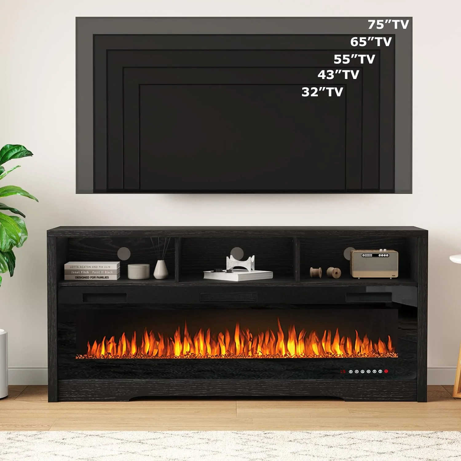 Fireplace TV Stand for TVs Up to 75" TV with 60" Electric Fireplace,Entertainment Center with Open Shelve Storage(Black) - Image 4