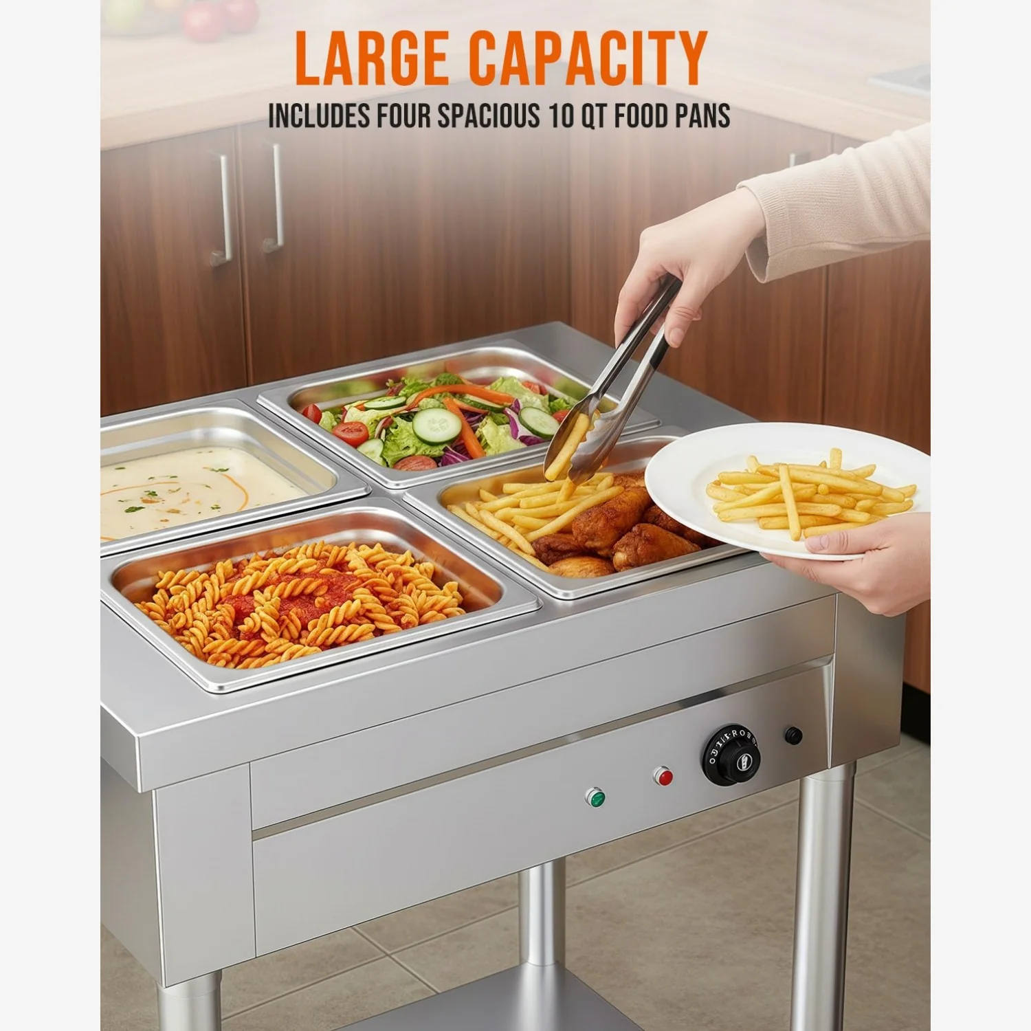 AECOJOY Commercial Food Warmer 1500W Electric Steam Table with 4x10QT Pans & Shelf