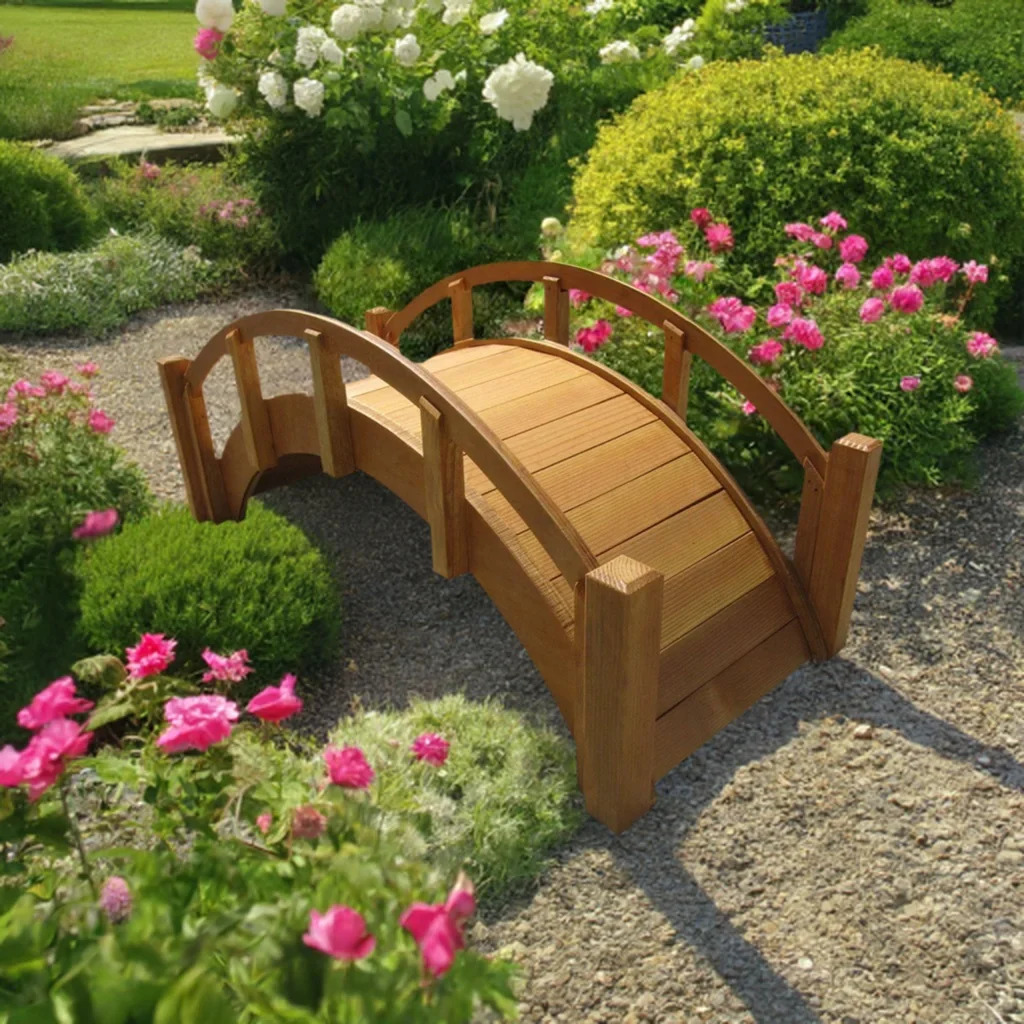 SamsGazebos Miniature Japanese Wood Garden Bridge, 25-Inch, Tan, Waterproofed