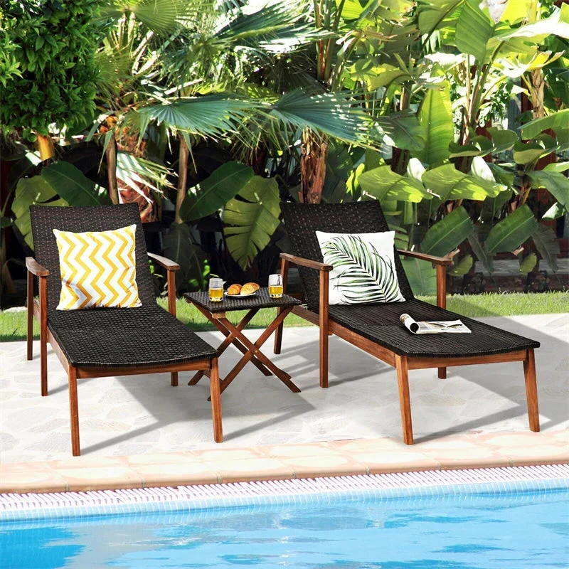 Acacia Wood Amp Rattan Patio Beach Outdoor Chaise Lounge Chairs Pool Sun Lounger Set With Folding Side Table - High Quality Set For Everyday Use