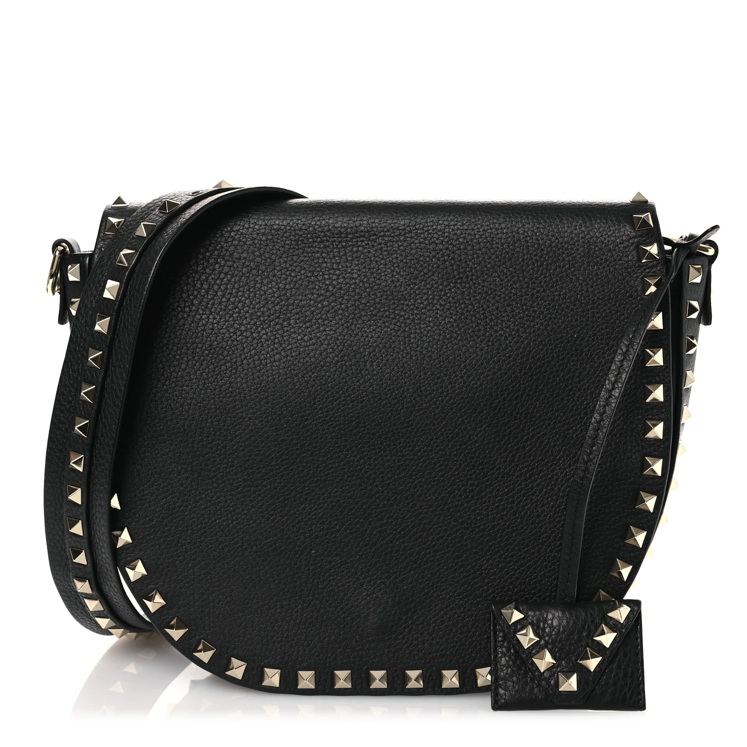 Grained Calfskin Rockstud Saddle Bag Black