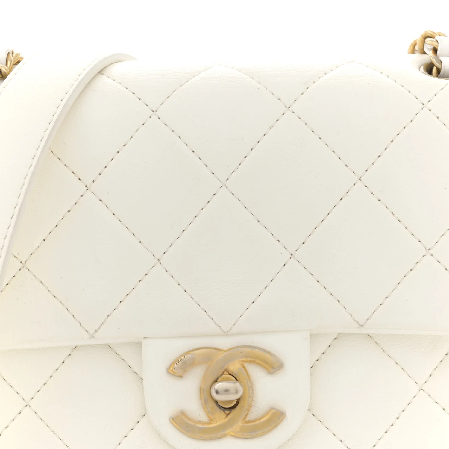 Shiny Lambskin Quilted Mini Flap White