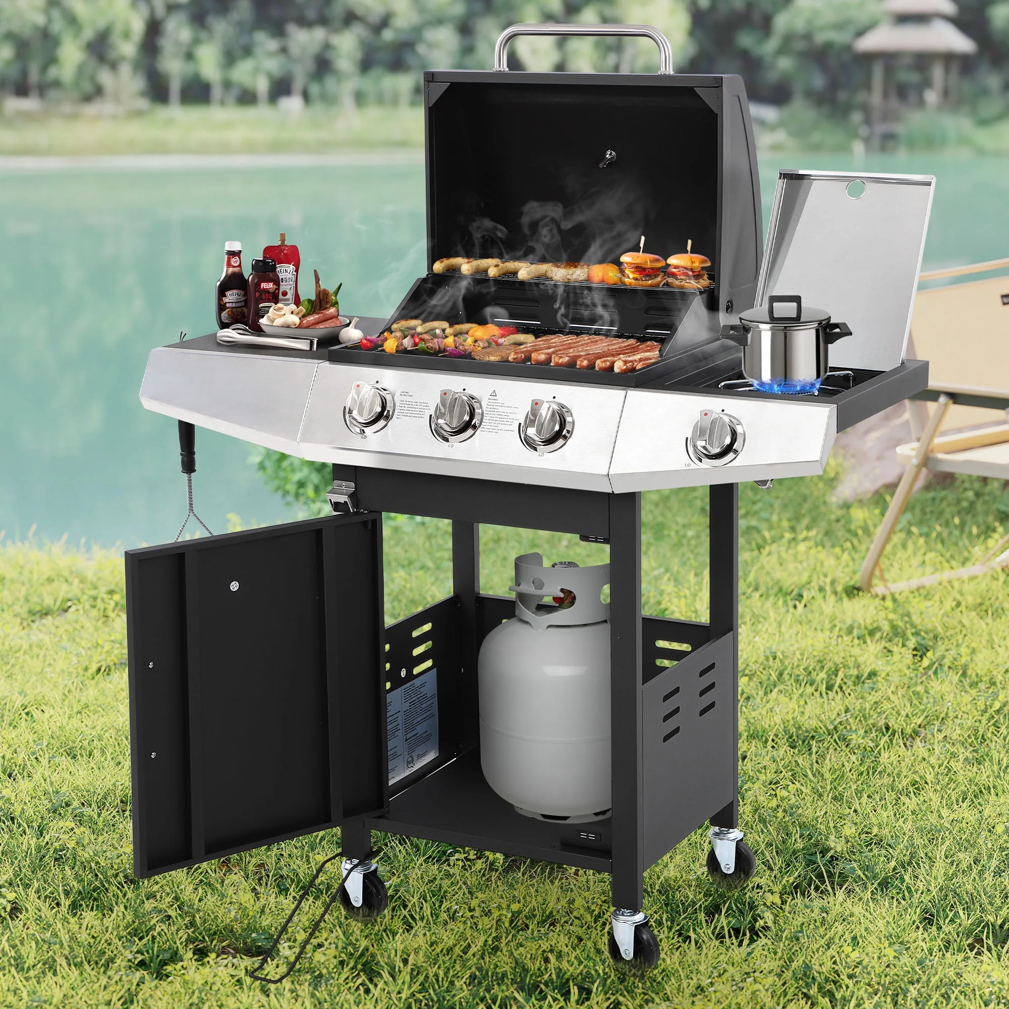 3 Burner Propane Gas Grill, 40,000BTU Stainless Steel BBQ Grill with Brush, Built-in Thermometer, 4 Universal Wheels for Outdoor Cooking Patio Backyard(40010) - Image 6