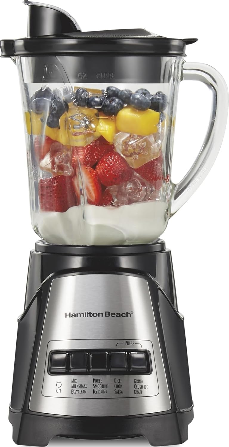 Hamilton Beach Power Elite Blender For Smoothies With Wave Action System| 40 ozGlass Jar| 12 Functions Including Puree, Crush Ice| 700 Watts| Black| 58148AG