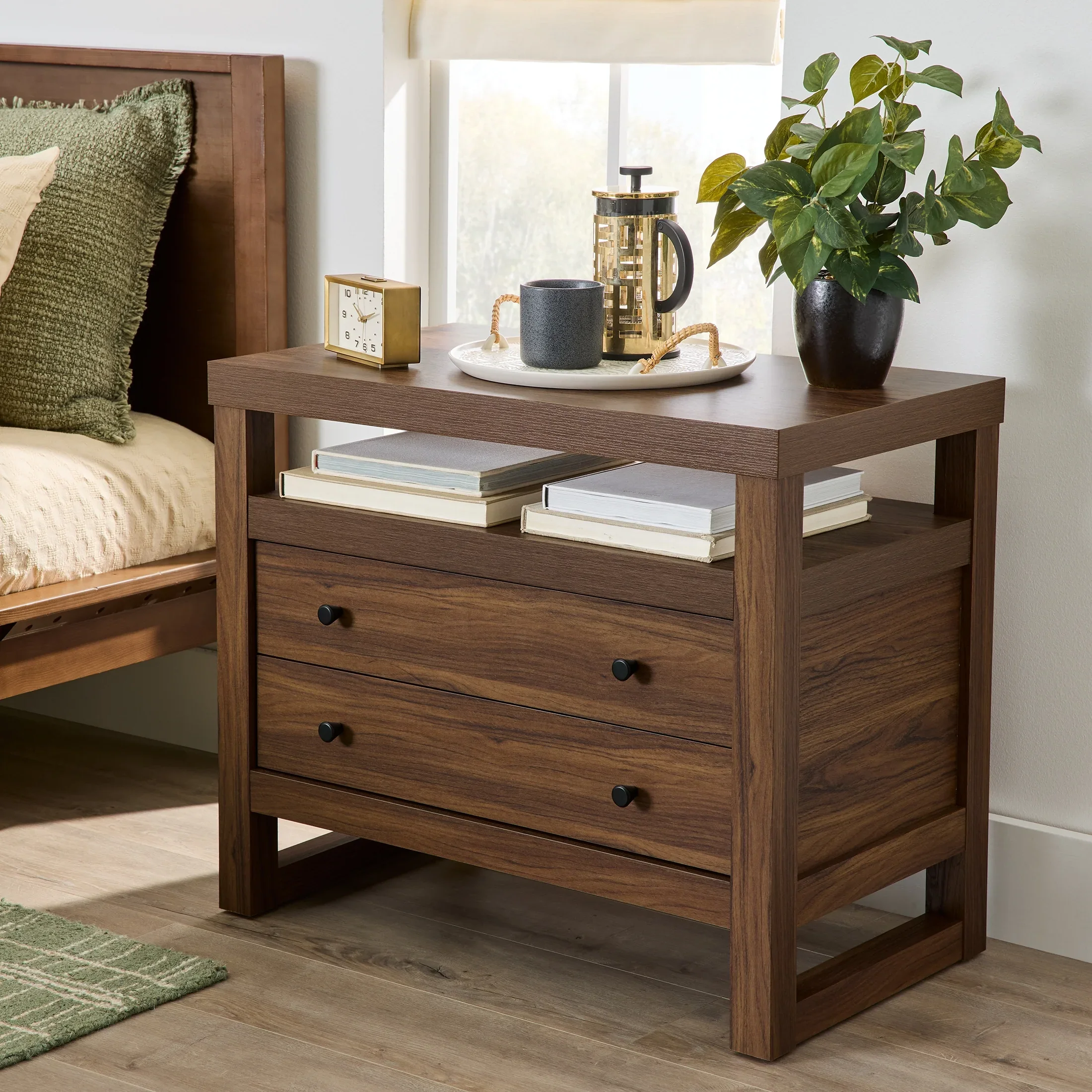 Better Homes & Gardens Ezra 2-Drawer Nightstand, Rich Black Finish