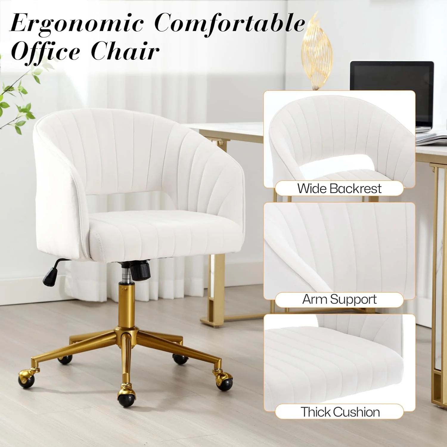 Home Office Swivel Desk Chair, Modern Velvet Vanity Chair, Height Adjustable Armchair with Gold Base, Ergonomic Office Chair for Task Study Computer Room, Beige(Beige) - Image 7