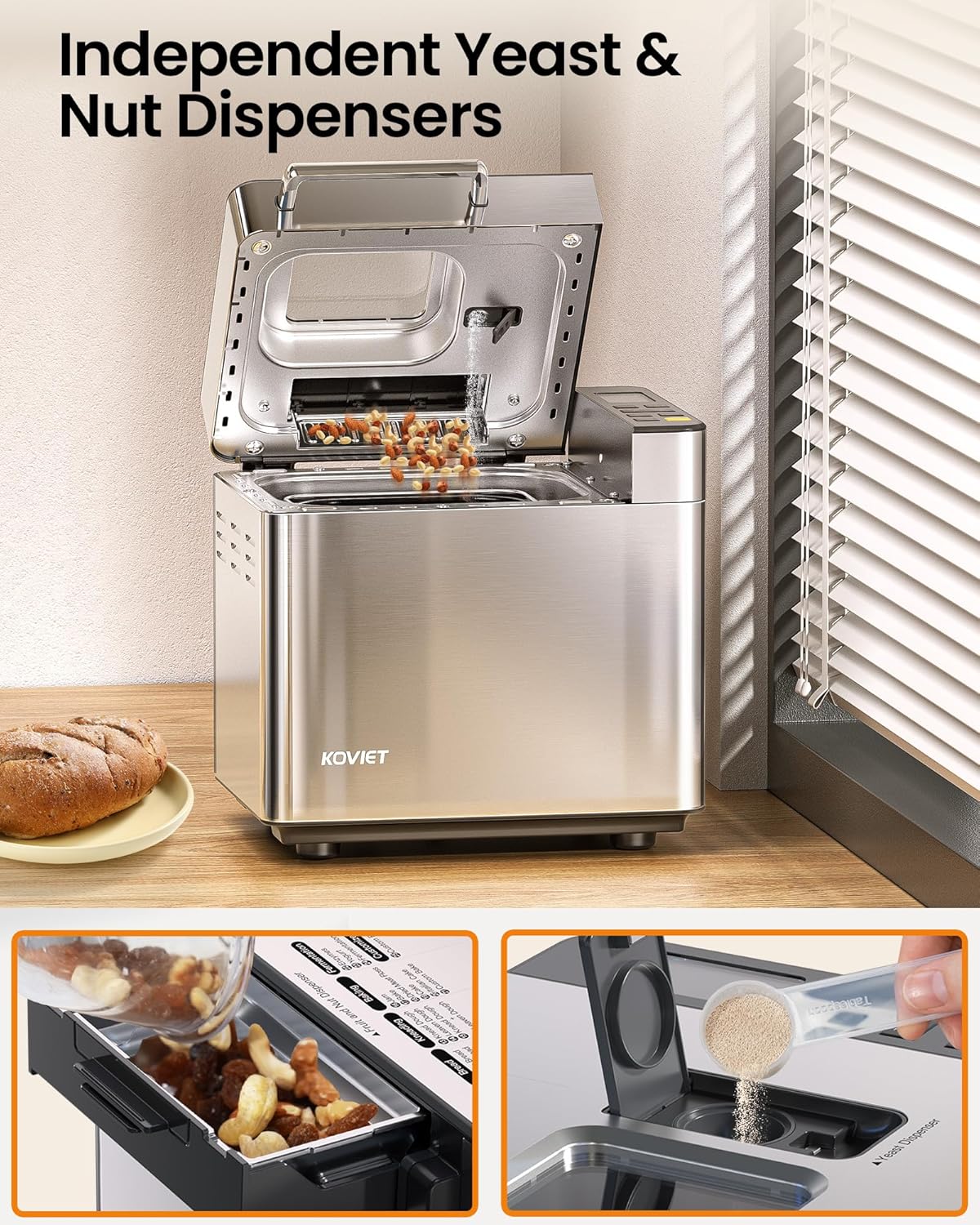 Machine à pain 25 en 1 avec double distributeur automatique, capacité 900 g, en acier inoxydable.
