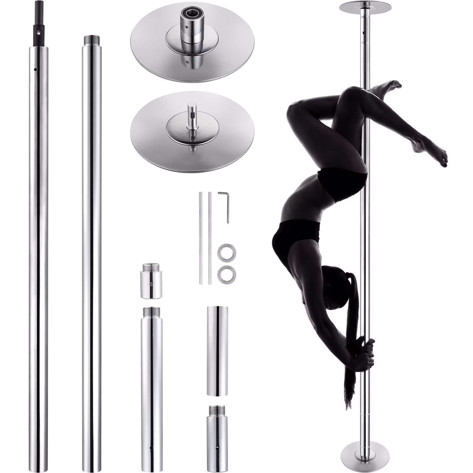 Expert Dance Pole, Rotating and Stationary Dance Pole Set, Detachable Portable Pole, 45mm Robust Stainless Steel Pole, Fitness Pole with Adjustable Height, Suitable for Workout Home, Silver(82-108" Silver)