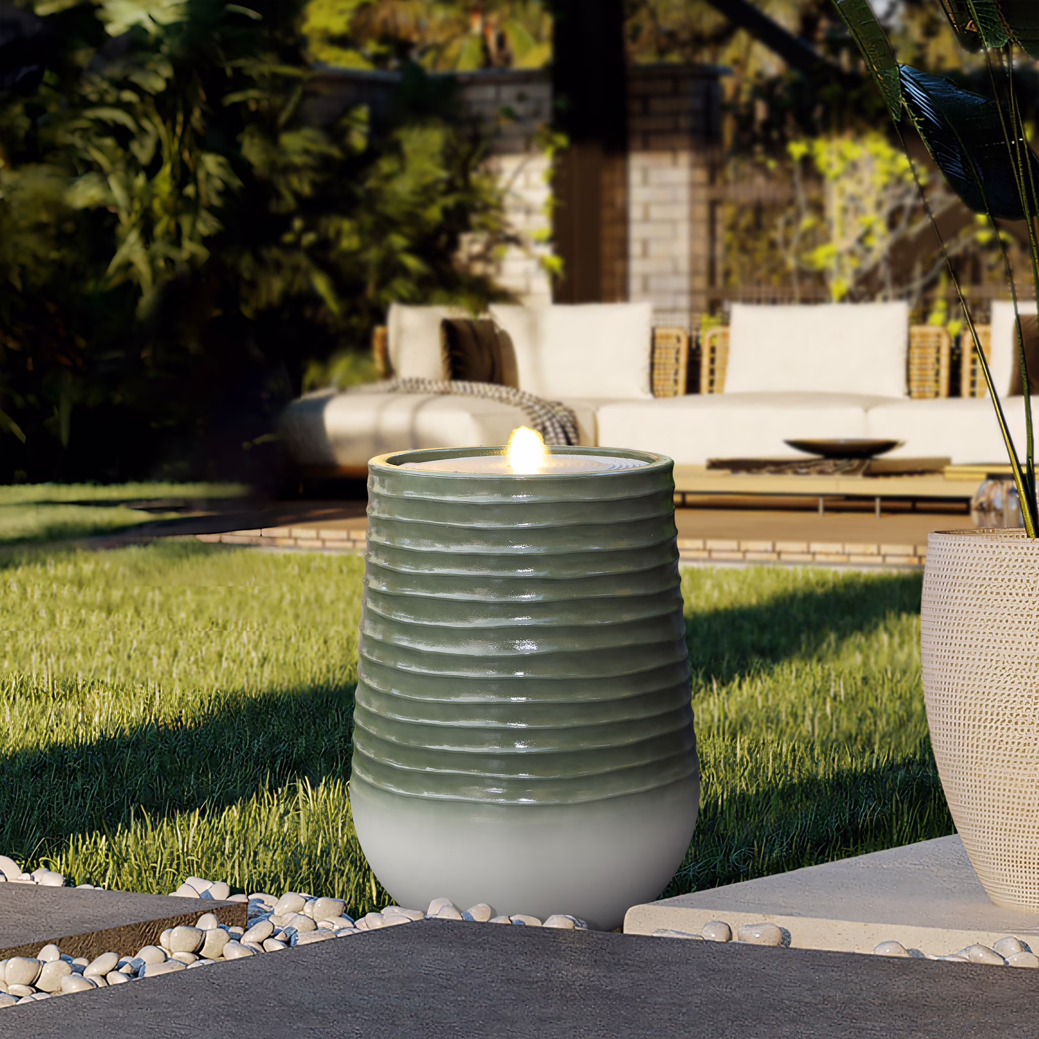 LuxenHome 20 Resin Lighted Garden Bubbling Water Fountain with Emerald Ribbed Top and Ivory Bottom