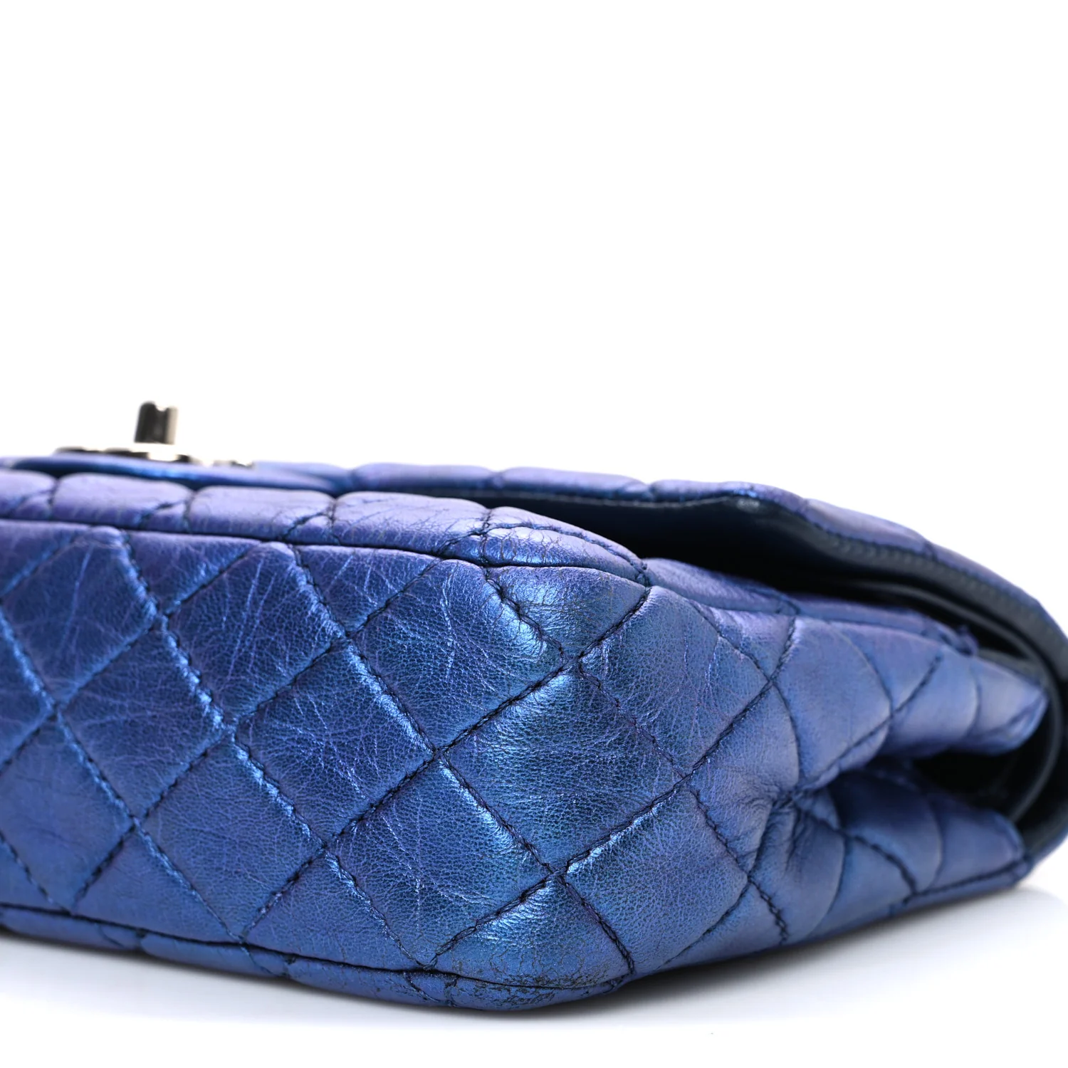Metallic Lambskin Quilted Medium Double Flap Turquoise