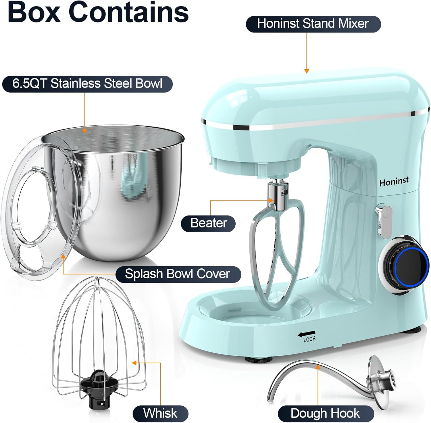 Honinst Stand Mixer, 6.5QT 10-Speed Tilt-Head 3-IN-1 Electric Food Mixer