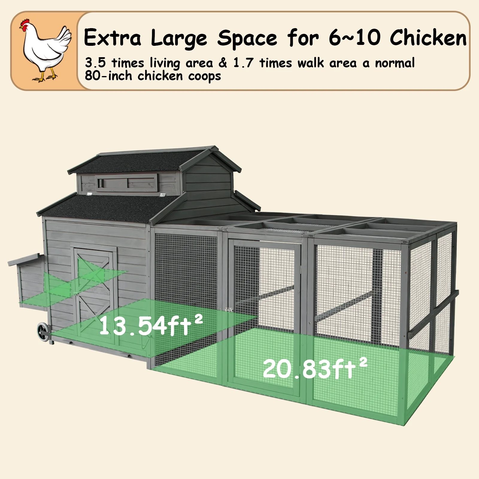Chicken Coop for 6-10 Chickens, 112" Large Chicken Coops, with Chicken Run Nesting Box Secure Enclosure, Outdoor Wooden Hen House Hutch for Rabbit, Poultry Pet, Duck(Gray) - Image 4