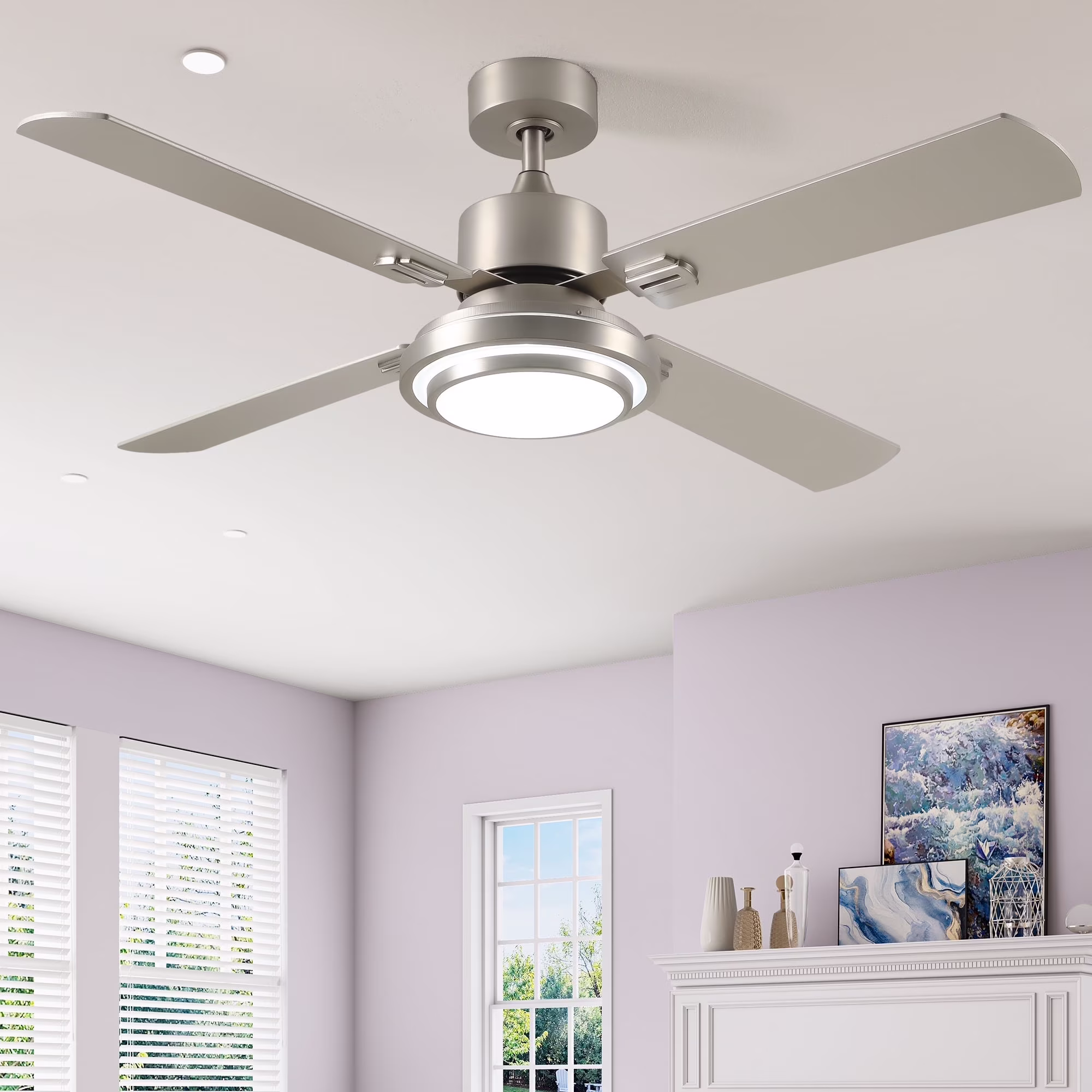 Dextrus 52'' Ceiling Fan with Light and Remote Control, 6 Speeds, 5 Timer Settings, and Dual - Finish Blades (Nickel)
