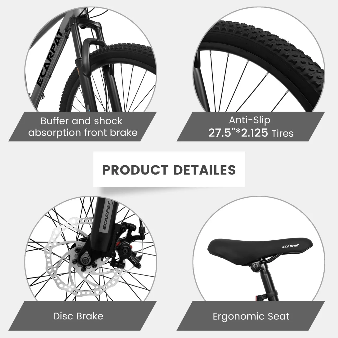 27 Inch Mountain Bike 21 Speed, Suspension Fork, Aluminum Frame Disc Brake, City Snow Beach Mountain Bike Adult Bike for Men Women Men, Silver