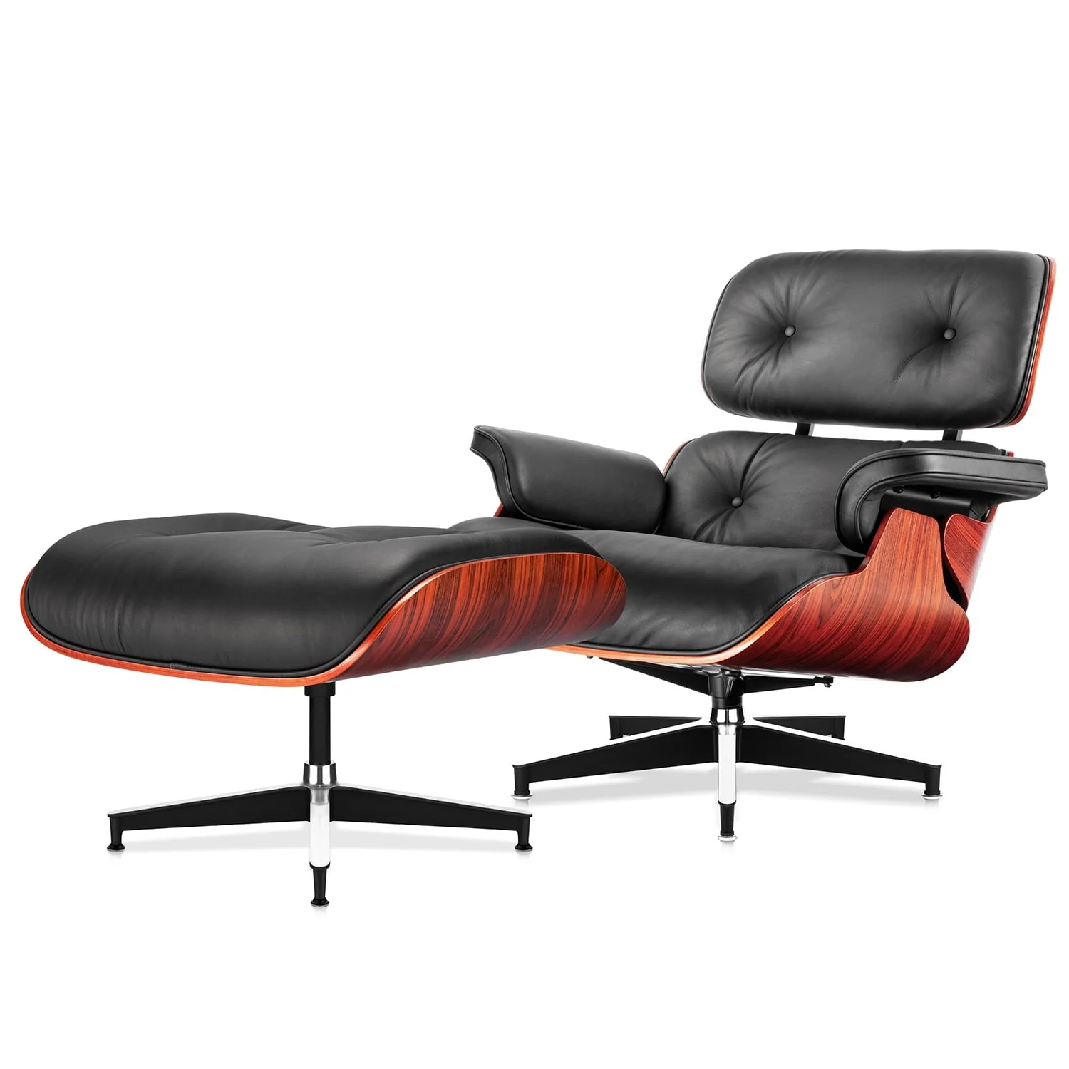 Mid Century Accent Chair and Ottoman Reclining Lounge Chair Upholstered Modern Armchair W/Dark Roséwood Frame, Metal Legs, Black