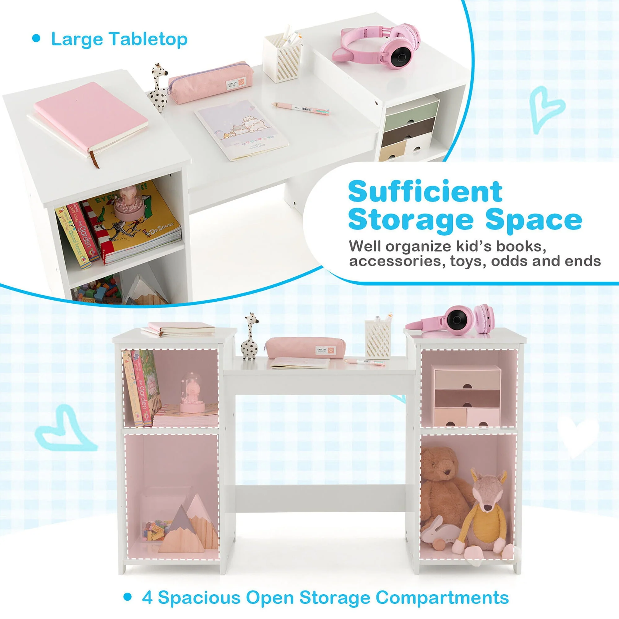 Gymax Kids Vanity 2 in 1 Princess Makeup Desk Chair Set Safe Tri fold Mirror White(Pink) Image 8