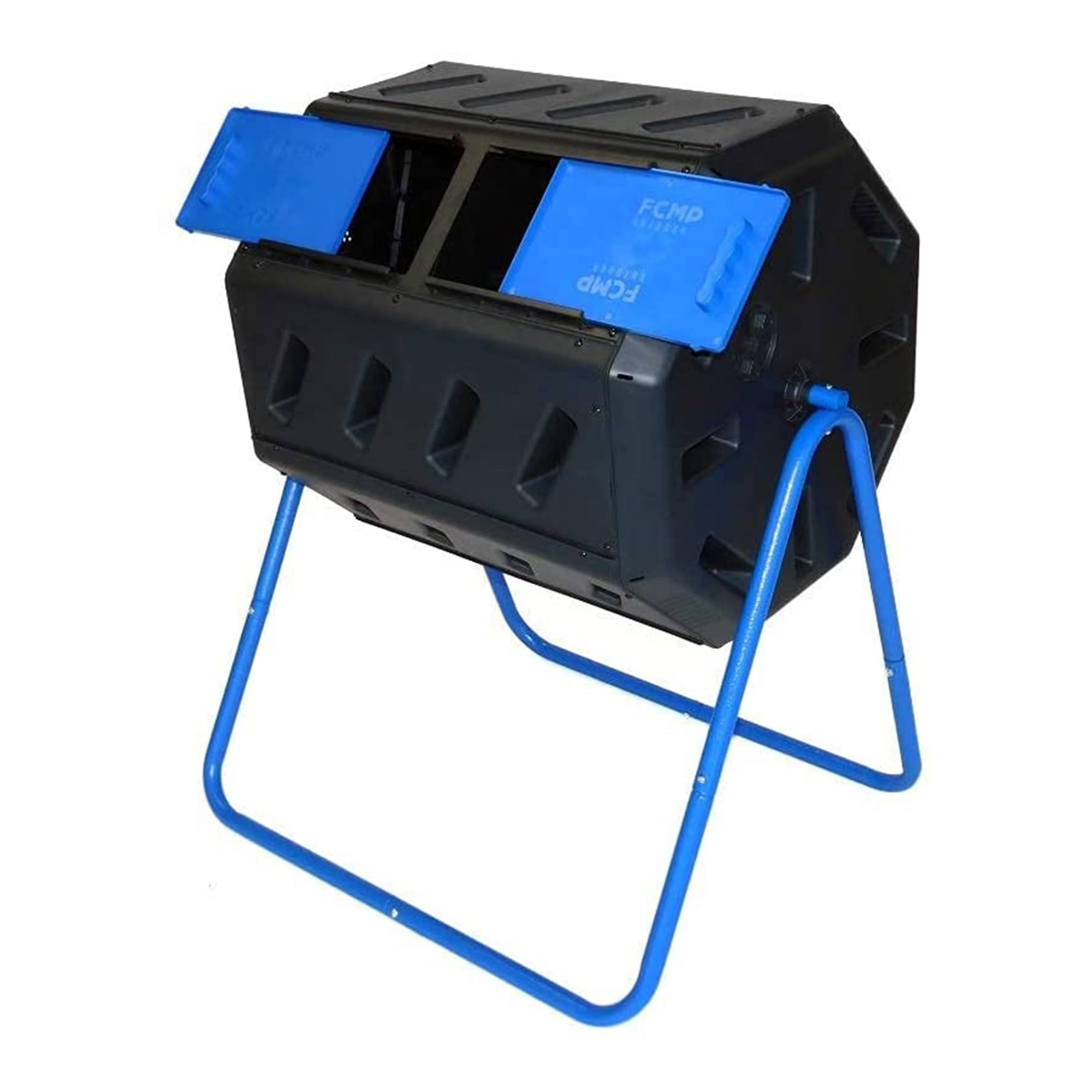 FCMP Outdoor IM4000-DD 8 Sided Dual Chamber Tumbling Double Door Composter Blue