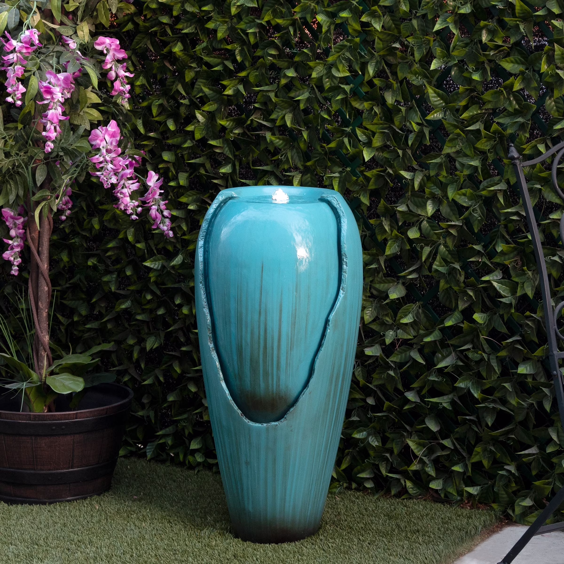 Alpine Corporation - 33 Tall Outdoor Antique Jar Water Fountain with LED Lights, Vintage Light Waterfall �?Relaxing Garden Fountain for Patio, Deck, or Yard (Turquoise)