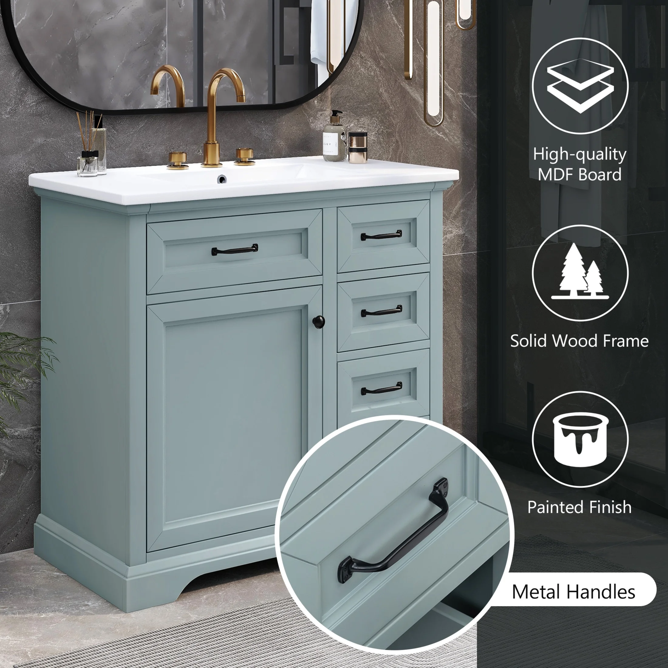 36" Bathroom Vanity with Sink, Tip-out Drawers, Soft-Close Doors, Grey(Grey) - Image 9