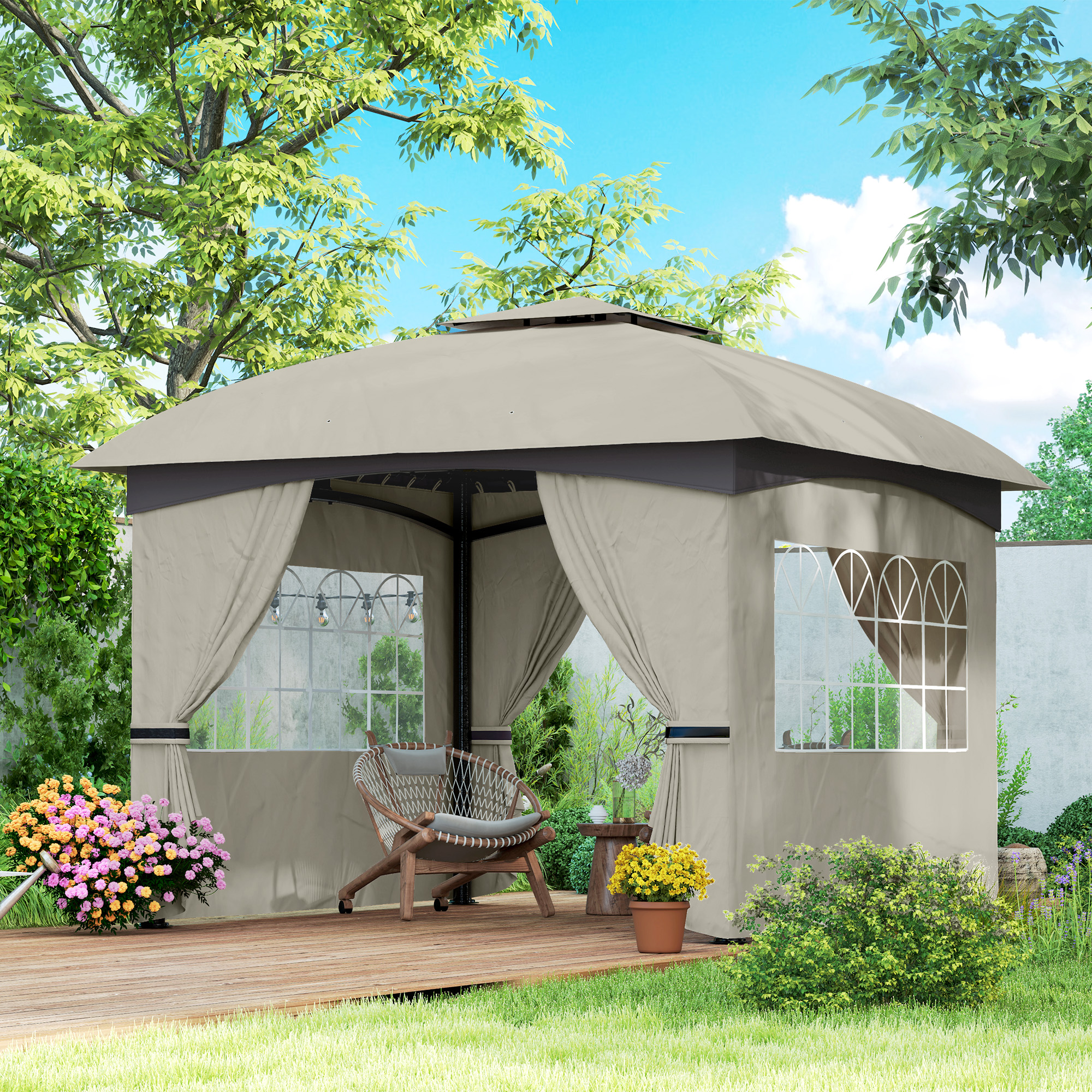 Outsunny 3,4 x 3,4 m Tuinpaviljoen, Feesttent met Ventilatiedak, Boogvensters, Stalen Frame, Lichtgrijs