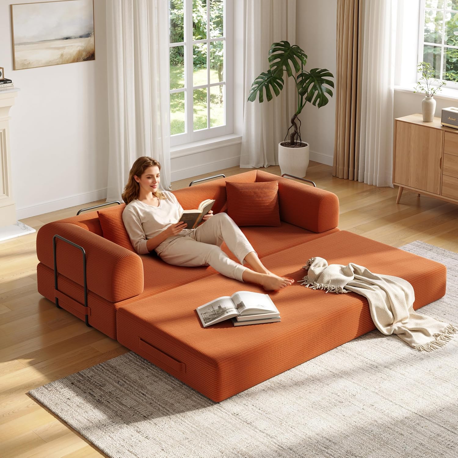 79in Convertible Sofa Bed, Corduroy Boneless Couch Bed, Futon Sleeper Sofa Pull Out Bed, Foldable Couch for Living Room Apartment, No Assembly Required