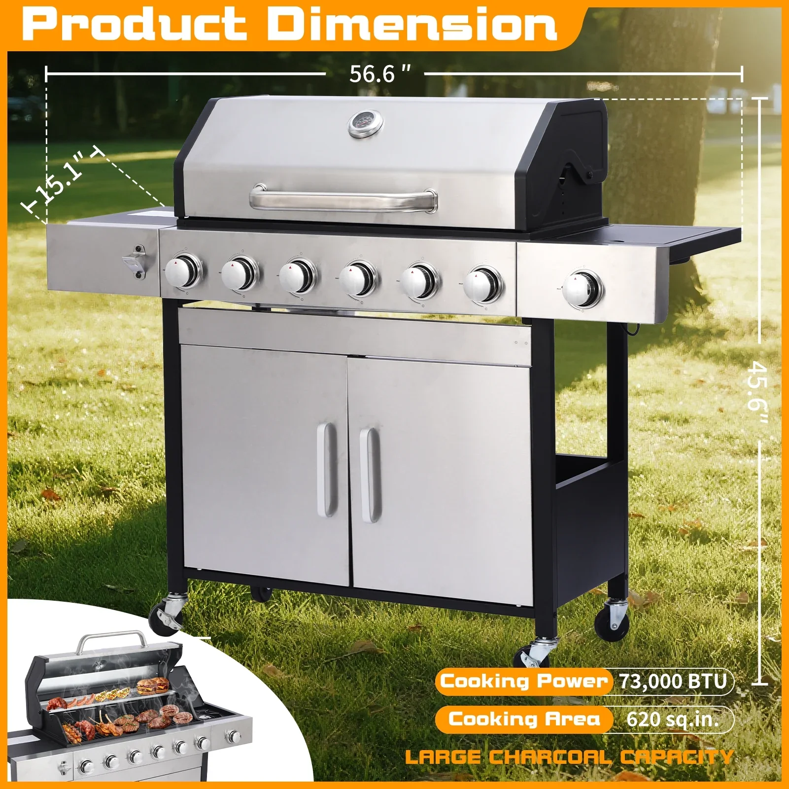 CIG GARDEN 6-Burner Propane Gas Grill With Side Burner,Double-layer Stainless Steel BBQ Grill Lid with Cast Iron Grates and Thermometer,Outdoor Barbecue Grill with 73000 BTU Output