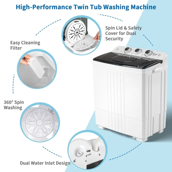 20Lb Twin Tub Washing Machine w/ Built-In Pump Semi-Automatic 1300RPM Compact Washer for Apartment, Dorm, RV, Camping, White/Black - Image 4