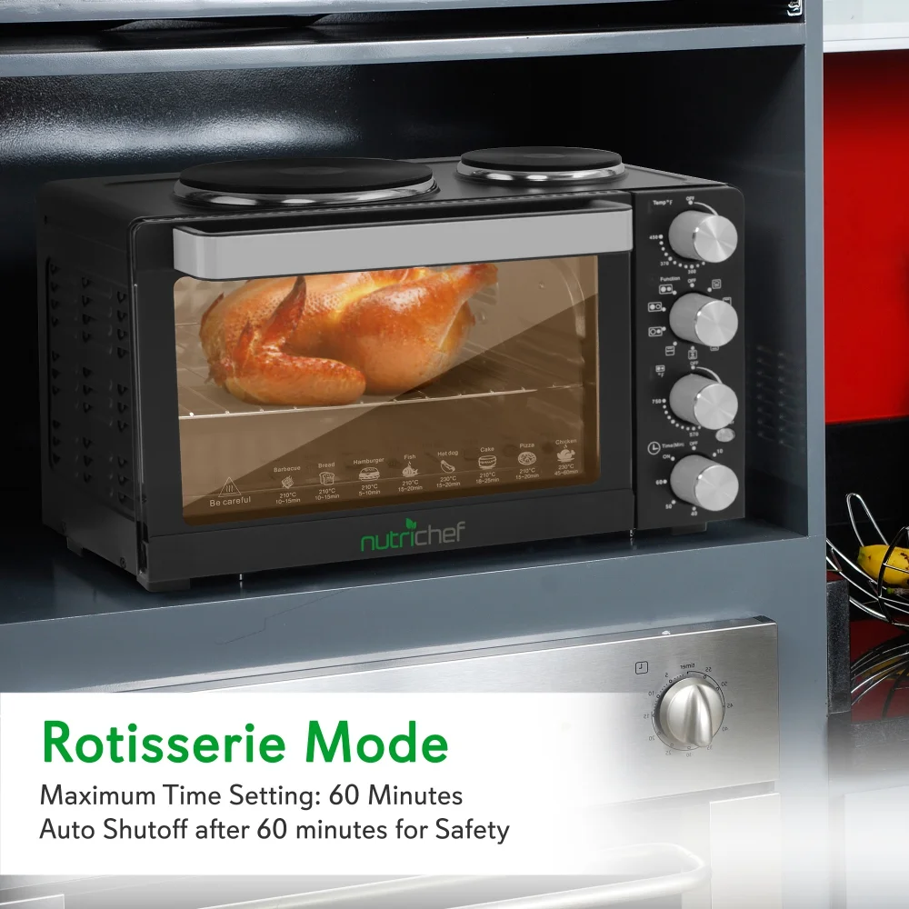 30 Quart Kitchen Convection Oven 2 Burner Cooker 1500 Watt Oven 7 Cook Functions Rotisserie, Cook, Bake, Broil More Includes Baking Tray, Skewers Handles 19.6 x 16.0 x 13.5 IN - Image 4