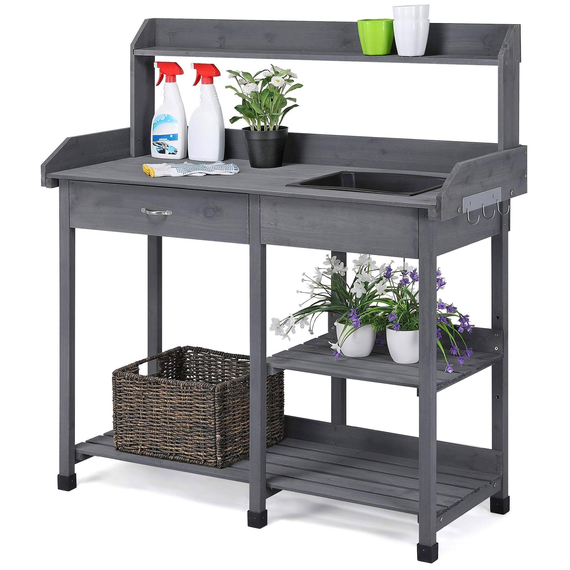 Yaheetech Outdoor Potting Bench Table Potters Benches Garden Workstation for Horticulture with Drawer/Adjustable Shelf Rack/Removable Sink/Hooks