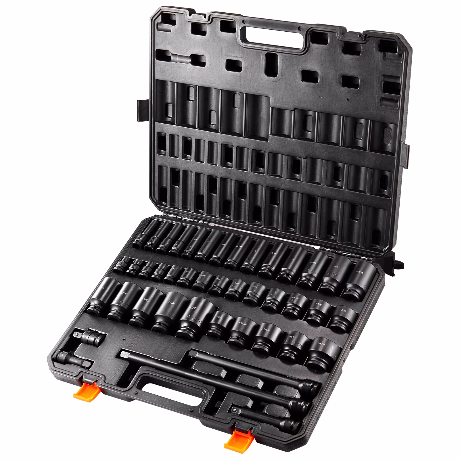 SKYSHALO 43-Pc Impact Socket Set, 1/2 Drive, SAE 3/8-1-1/2, Deep & Shallow, 6-Point, Cr-Mo Steel, for Automotive Repair, Clear Size Labels, Durable, Includes Case