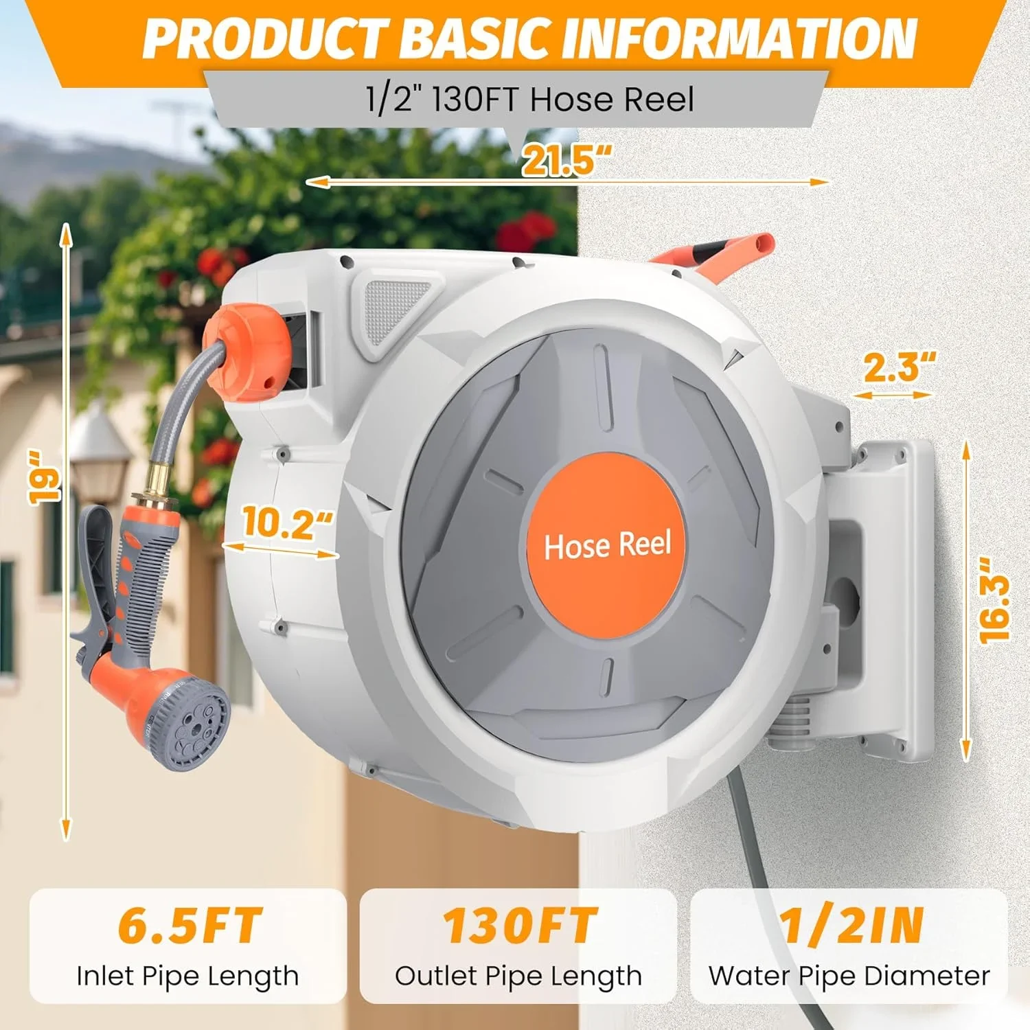 Auto-Retract Wall-Mounted Garden Hose Reel w/9-Pattern Nozzle, 180�� Swivel & Any-Length Lock, 600PSI Durable