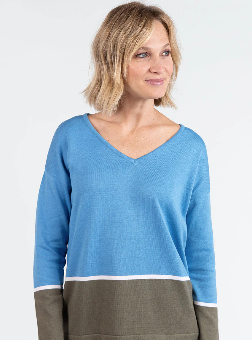 Pull femme col V coton bleu pacifique
